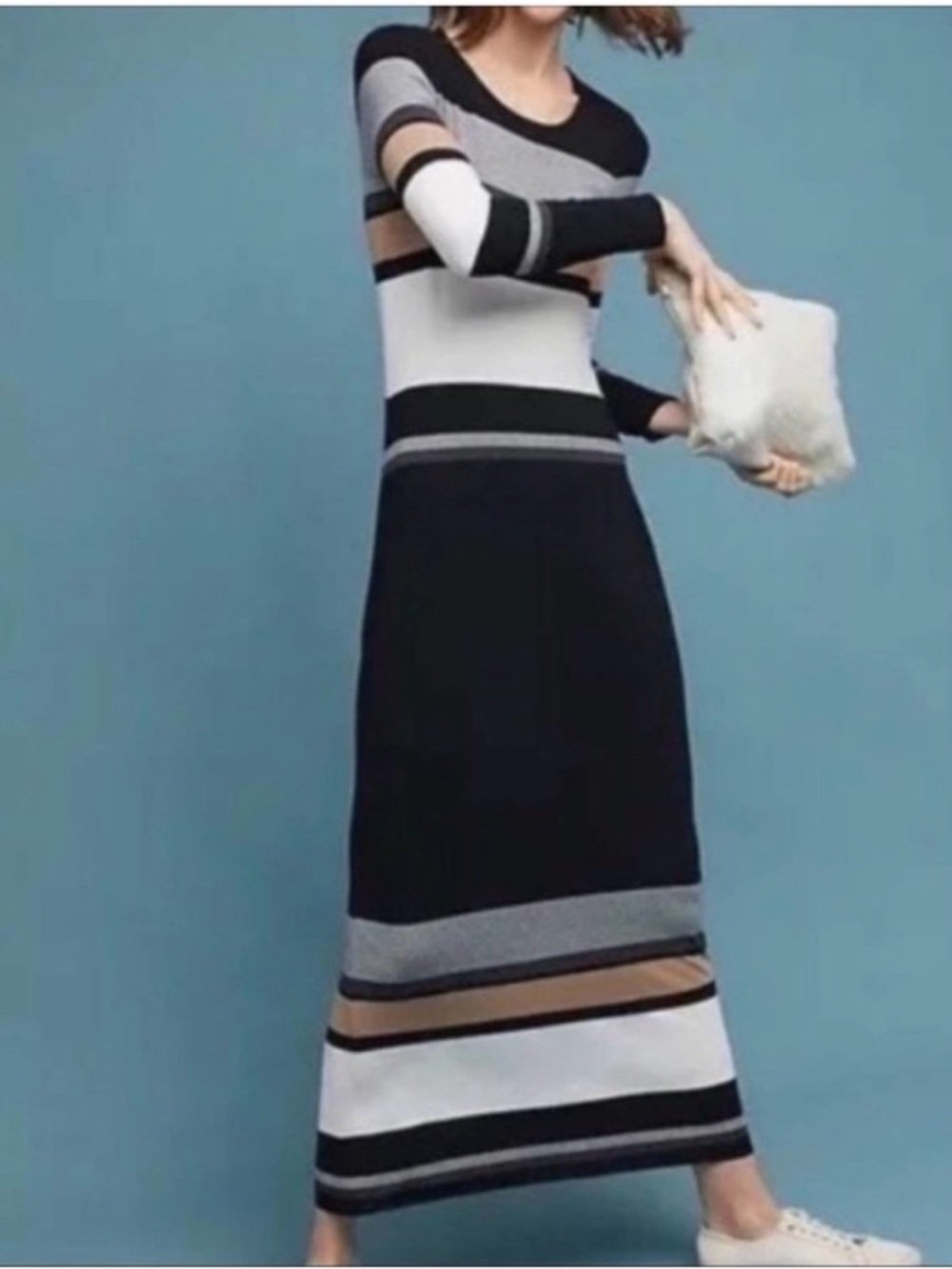 Anthropologie Bailey 44 Black, White & Tan Striped Long Sleeve Maxi Dress in S